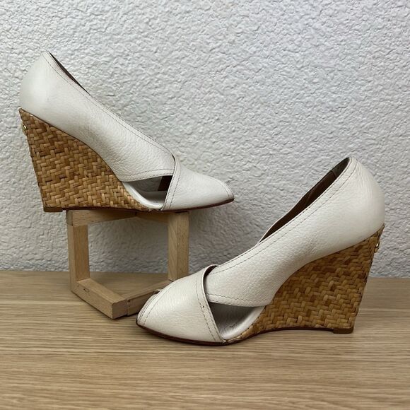 BCBG MaxAzria Raisa White Leather Wicker Wedge Sandal Women’s Sz 5.5B - Picture 6 of 8